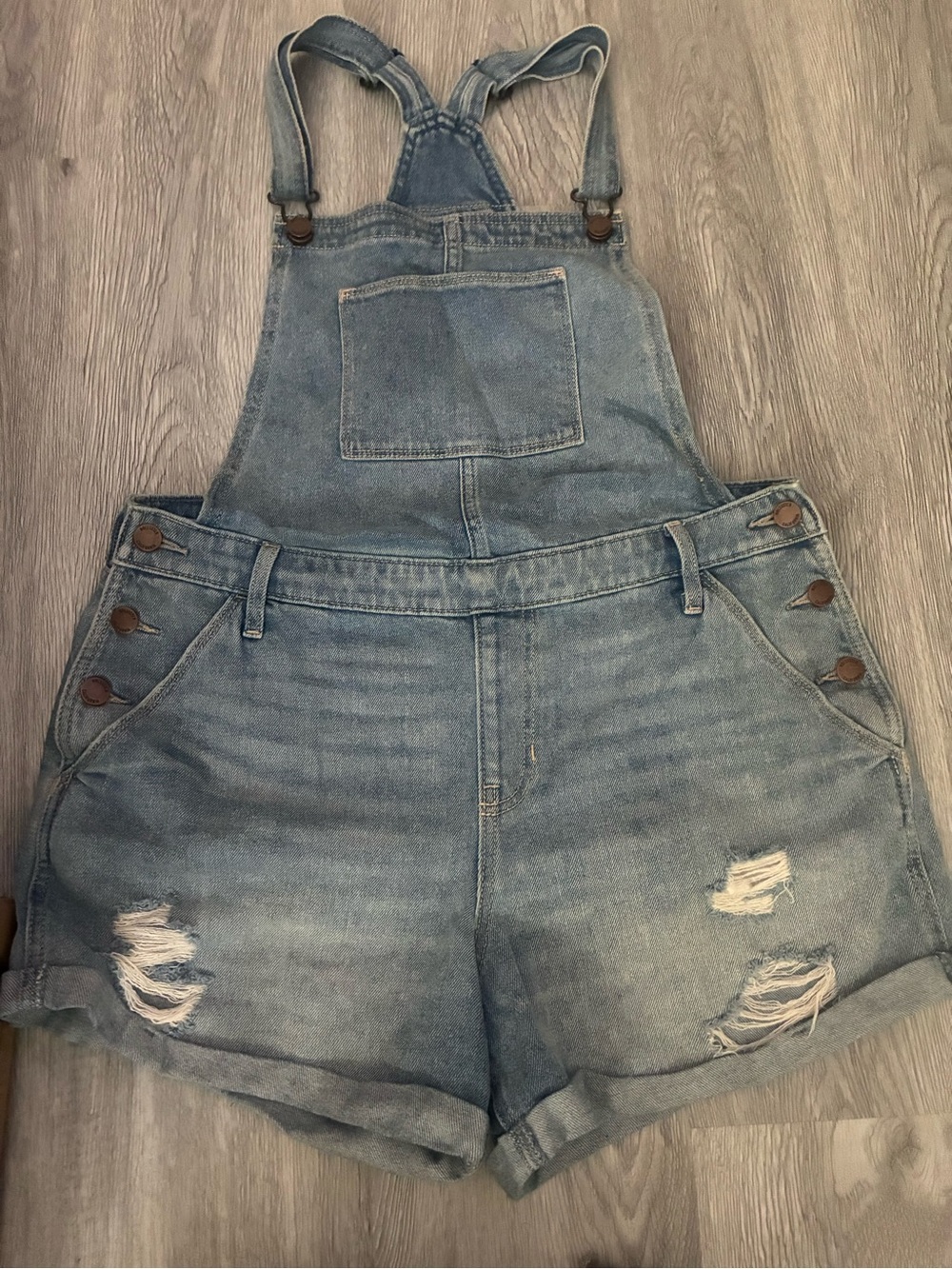 Hollister Light Blue Distressed Denim Short Overalls